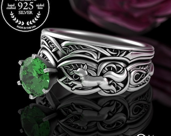 Emerald Fox Engagement Ring with Accent Chevron Ring, Sterling Scottish Foxes Wedding Set, Silver Matching Welsh Bridal Marriage, 3071 1971