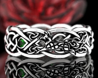 Emerald Fox Wedding Ring, Sterling Silver Fox Wedding Band, Celtic Fox Wedding Ring, Irish Fox Wedding Ring, Sterling Emerald Fox, 4454
