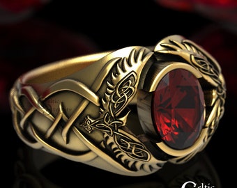 Odin Raven Ring, Mens Gold Raven Ring, Ruby Celtic Ring, Men Viking Ring, Celtic Wedding Band, Gold Bird Ring, Platinum Mens Ring, 1477