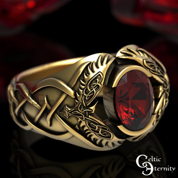 Odin Raven Ring Mens Gold Raven Ring Ruby Celtic Ring Men Viking Ring Celtic Wedding Band Gold Bird Ring Platinum Mens Ring 1477