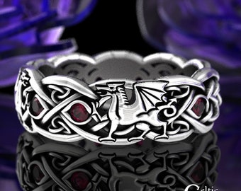 Sterling Silver Ruby Double Dragon Ring, Ruby Dragon Ring, Sterling Dragon Ring, Celtic Dragon Wedding Ring, Two Dragon Ring, 3016