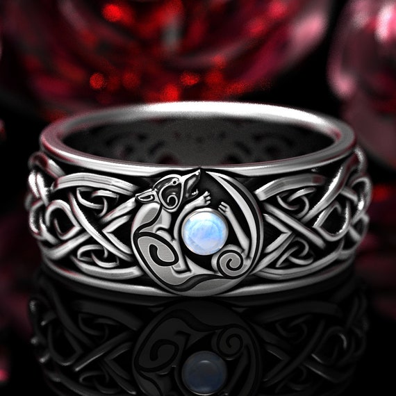 Celtic Wolf Ring, Sterling & Moonstone Wolf Ring, Celtic Wedding Band, Wolf Signet, Viking Wolf, Fox Ring, Wolf Wedding Ring, 1693