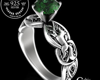 Sterling Silver Fox Proposal Ring, Emerald Kitsune Solitaire Ring, Faoladh Gemstone Engagement Ring,  Path Finder Handfasting Ring, 3071