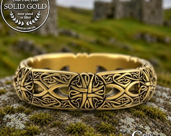 Woman's Gold Cross Wedding Ring, 14K Gold Religious Knotwork Ring, 18K Cross Irish Catholic Ring, Platinum Christian Marriage Vow Band, 3267