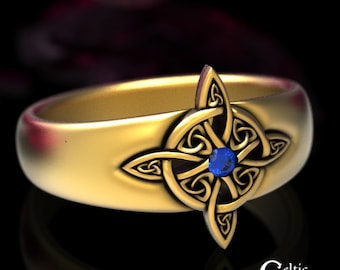 Sapphire Gold Celtic Ring, 10K Celtic Goddess Ring, Sapphire Witch Knot Ring, Gold Pagan Ring, Women Celtic Ring, Gold Goddess Ring, 1921