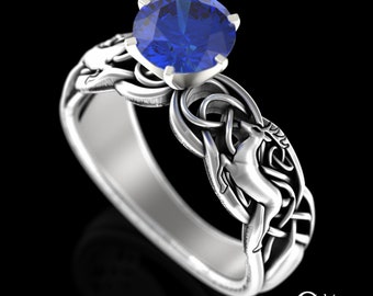 Sapphire Forest Deer Engagement Ring, Sterling Celtic Deer Solitaire, Silver Womens Irish Wedding Ring, Stag Antler Ring, Nature Ring, 3136