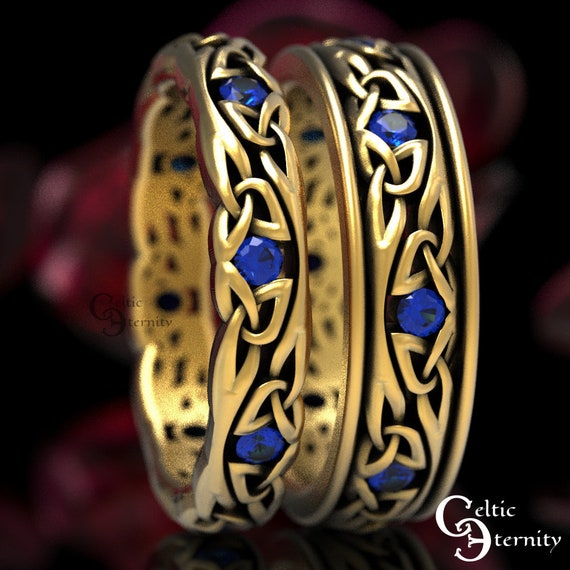 Sapphire & Gold His Hers Wedding Ring, Narrow Celtic Wedding Band, Platinum Wedding Ring, Gold Celtic Ring, Matching Wedding Bands,1469 1467