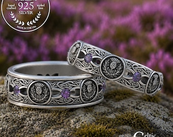 Scottish Alexandrite Wedding Ring Set, Matching Sterling Thistle Wedding Bands, Thistle Wedding Rings, Alexandrite Irish Rings, 4408 4409