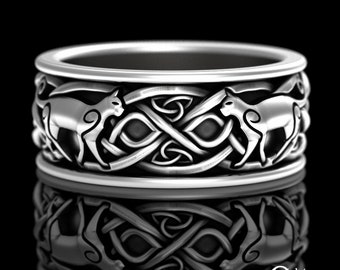 Mens Sterling Silver Irish Cat, Swirl Cat Wedding Band, Celtic Ring, Cat Lover Ring, Scottish Knotwork Ring, Kitty Ring, Feline Ring, 3098