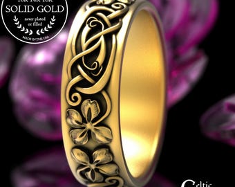 Men's Lucky Gold Four Leaf Clover Ring, 14K Irish Symbol Wedding Band, 18K White Gold Groom's Celtic Shamrock Marriage Ring, Platinum, 2066