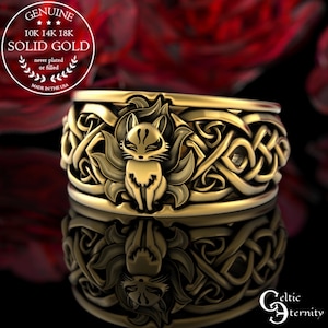 Gold Kitsune Fox Wedding Band, 10K 14K White Gold Groom Fox Wedding Ring, Platinum Man Celtic Fox Ring, 18K Gold Knotwork Fox Ring, 1395
