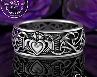 Woven Claddagh Wedding Band, Sterling Welsh Groom Heart Ring, Traditional Scottish Groom Ring, Silver Crown Hands Chladaigh Ring, 3237
