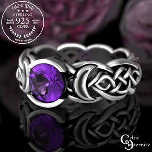 Purple Moon Ring, Amethyst & Sterling Silver Moon Goddess, Magic Celtic Wedding Ring, Scottish Moon Ring, Silver Womens Witch Ring, 4493