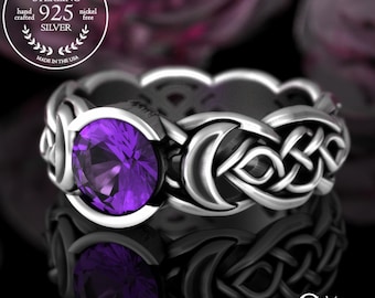 Purple Moon Ring, Amethyst & Sterling Silver Moon Goddess, Magic Celtic Wedding Ring, Scottish Moon Ring, Silver Womens Witch Ring, 4493