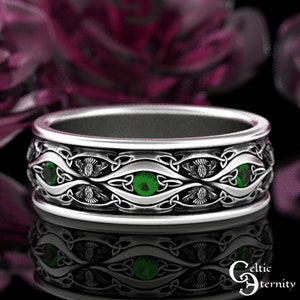 Emerald & Sterling Scottish Wedding Ring, Silver Scottish Ring, Mens Emerald Thistle Ring, Thistle Wedding Band, Thistle Wedding Ring, 3023