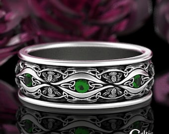 Emerald & Sterling Scottish Wedding Ring, Silver Scottish Ring, Mens Emerald Thistle Ring, Thistle Wedding Band, Thistle Wedding Ring, 3023