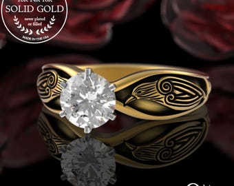 Gold or Platinum Raven Engagement Ring, 10K 14K Viking Solitaire Wedding Ring, White Gold Nordic Odin Ravens, Crow Bird Engagement Ring 3163
