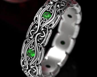 Emerald Celtic Mushroom Ring Sterling Silver, Mushroom Ring, Celtic Emerald Ring, Pagan Wedding Band, Nature Inspired Trinity Knot Ring 1378
