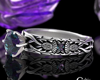 Alexandrite Scottish Wedding Ring, Sterling Silver Celtic Thistle Wedding Ring, Alexandrite Engagement Ring, Silver Celtic Engagement, 3062