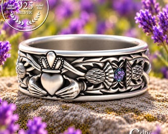 Alexandrite Scottish Thistle Wedding Ring, Sterling Celtic Handfasting Band, Men's Irish Crown Ring, Silver Nature Groom Marriage Vow, 3282