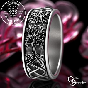 Sterling Groom&#39;s Tree of Life Wedding Ring, Silver Norse Yggdrasil Ring, Men&#39;s Botanical Forest Band, 925 Silver Scottish Tree Ring, 2036