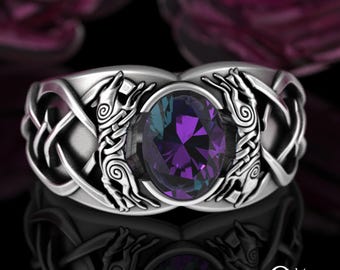 Mens Wolf Engagement Ring, Alexandrite & Sterling Wolves Statement Ring, Silver Groom Viking Wolf Ring, Heavy Norse Wedding Ring, 3217