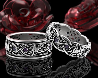 Alexandrite Matching Dragon Wedding Rings, Sterling Norse Rings, His Hers Dragon Rings, Alexandrite Wedding Bands, Welsh Dragons, 3016 3109