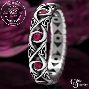 Bridal Infinity Ruby Wedding Ring, Sterling Celtic Ruby Ring, Infinity Knot Ring, Silver Celtic Wedding Band, Womens Irish Ruby Ring, 1409