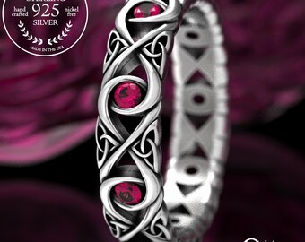 Bridal Infinity Ruby Wedding Ring, Sterling Celtic Ruby Ring, Infinity Knot Ring, Silver Celtic Wedding Band, Womens Irish Ruby Ring, 1409