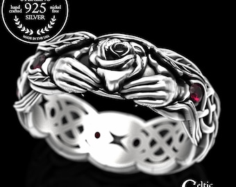 Sterling & Ruby Rose Claddagh Ring, Silver Heart-Shaped Handfasting Ring, Wild Irish Rose Wedding Band, Flower Love Marriage Vow Ring, 3265