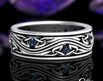 Sterling Mens Alexandrite Wedding Band, Mens Alexandrite Wedding Ring, Alexandrite Celtic Wedding Band, Silver Alexandrite Ring, 1463