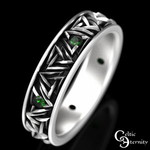 Emerald Viking Wedding Ring, Sterling Viking Wedding Band, Silver Emerald Viking Ring, Valknut Ring, Viking Wedding Ring, Silver Viking 1376