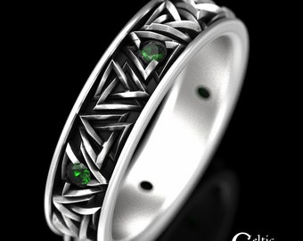 Emerald Viking Wedding Ring, Sterling Viking Wedding Band, Silver Emerald Viking Ring, Valknut Ring, Viking Wedding Ring, Silver Viking 1376