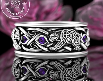 Amethyst Norse Bear Ring, Sterling Mens Irish Braid Wedding Band, Silver Welsh Bear Ring, Purple Viking Bear Ring, Amethyst Irish Ring, 3095