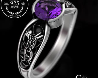 Amethyst Cat Wedding Ring, Sterling Silver Kitten Engagement, Irish Kitty Proposal Ring, Round Bezel Set Jewelry, Woman's Cats Marriage,3264