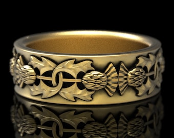 Gold or Platinum Highland Bloom Ring, Scottish Thistle Ring, Botanical Handfasting Band, Platinum Guardian Flower Sacred Union Ring, 1770