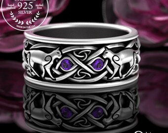 Mens Cat Wedding Band, Sterling Silver Celtic Cat Lover Ring, Amethyst Cat Wedding Ring, Scottish Knotwork Ring, Kitty Feline Ring, 3099