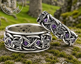 Matching Alexandrite Wolf Rings, Sterling His Hers Wolf Ring, Alexandrite Viking Rings, Celtic Wedding Bands, Wolves Ring Set, 1267 1269