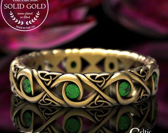 Celtic Gold Wedding Ring With Emeralds, Infinity Knot Wedding Ring, Infinity Knot Ring With Emerald, Celtic Wedding Ring, Gold Platinum 1409