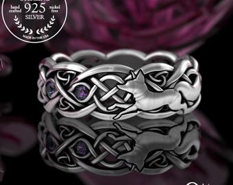 Alexandrite Fox Ring, Sterling Fox Ring, Womens Fox Wedding Ring, Silver Fox Wedding Band, Alexandrite Wedding Ring, Celtic Fox Ring, 3196