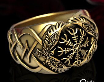 Gold Viking Ring, Helm Of Awe Ring, Mens Viking Ring, Celtic Wedding Band, Mens Statement Ring, Norse Ring, Viking Jewelry, 1495
