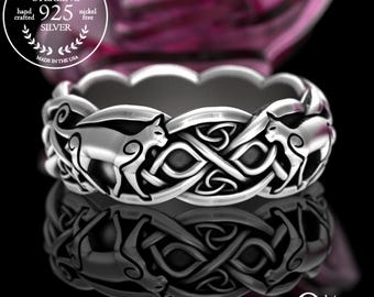 Sterling Silver Irish Cat, Swirl Cat Wedding Band, Celtic Cat Ring, Cat Lover Ring, Scottish Knotwork Ring, Kitty Ring, Feline Ring, 3096