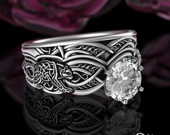 Fitted Moissanite Bear Engagement Ring Set, Matching Sterling Bridal Wedding Set, Mamma Bear Ring, Knotwork Solitaire Ring Set, 3176 1971