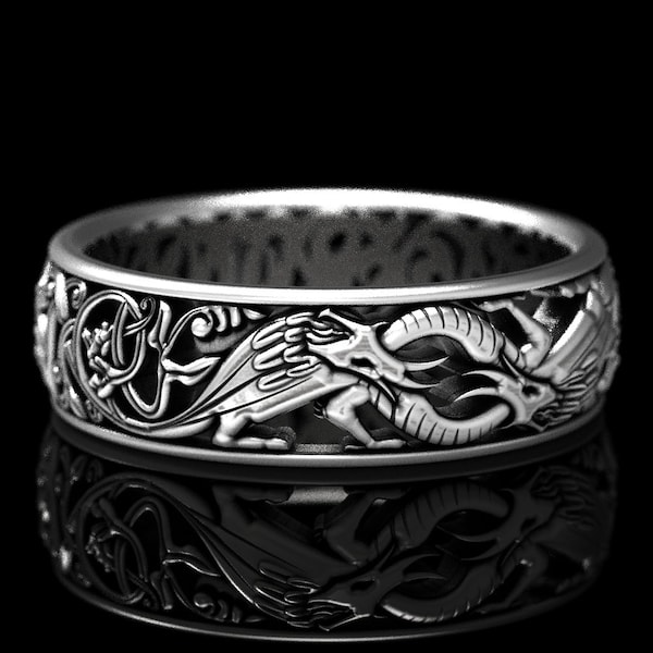 Sterling Silver Celtic Dragon Ring, Dragon Wedding Ring, Celtic Wedding Band, Dragon Jewelry, Silver Welsh Dragon Ring, Mythology Ring, 1380