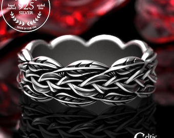 Eternal Willow Leaf Wedding Band, Sterling Women's Botanical Bride Ring, Twisted Silver Irish Knotwork Band, 925 Forest Theme Jewelry, 2054