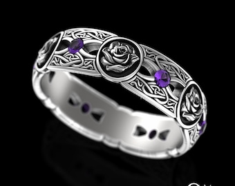 Amethyst Rose Flower Ring, Sterling Silver Botanical Irish Wedding Ring, Purple Rose Celtic Ring, Womens Flower Heart Wedding Band, 3046