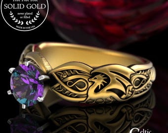 Gold Color-Change Alexandrite Woman's Dragon Engagement Ring, 14K White Gold Viking Bridal Ring, Platinum TwinFlame Wedding Ring, 3185