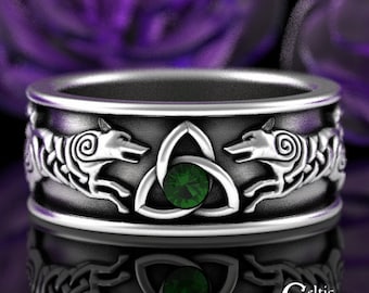 Emerald Wolf Viking Wedding Band, Sterling Norse Wolves Wedding Ring, Silver Mens Wedding Ring, Woven Wolf Trinity Knotwork Ring, 3103