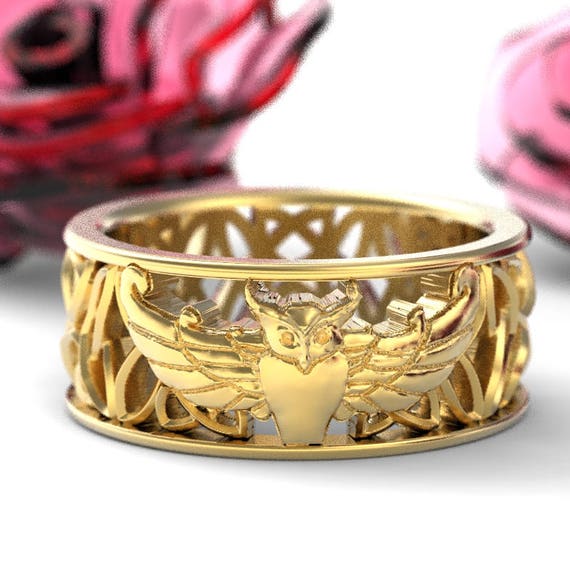 Gold Owl Wedding Band, Celtic Owl Ring, Owl Ring Men, Yellow Gold Owl Ring, Celtic Knot Ring, Gold or Platinum Custom Size 1190