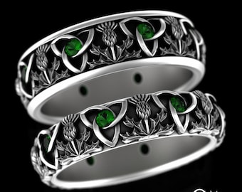 Emerald Matching Thistle Rings, Sterling Silver Scottish Thistle Ring Set, Irish Emerald His Hers Wedding Bands, Celtic Handfast, 4814 4813
